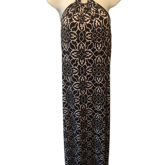 Y2K WHBM Keyhole Halter Top Maxi Dress M Black White Damask Print Slinky Summer - Picture 3 of 8
